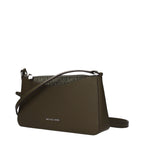 Green fabric Michael Kors crossbody bag with adjustable strap and gold-tone hardware, stylish and compact for everyday use.