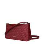 Red fabric Michael Kors crossbody bag with adjustable strap and gold-tone hardware, stylish accessory for everyday wear.