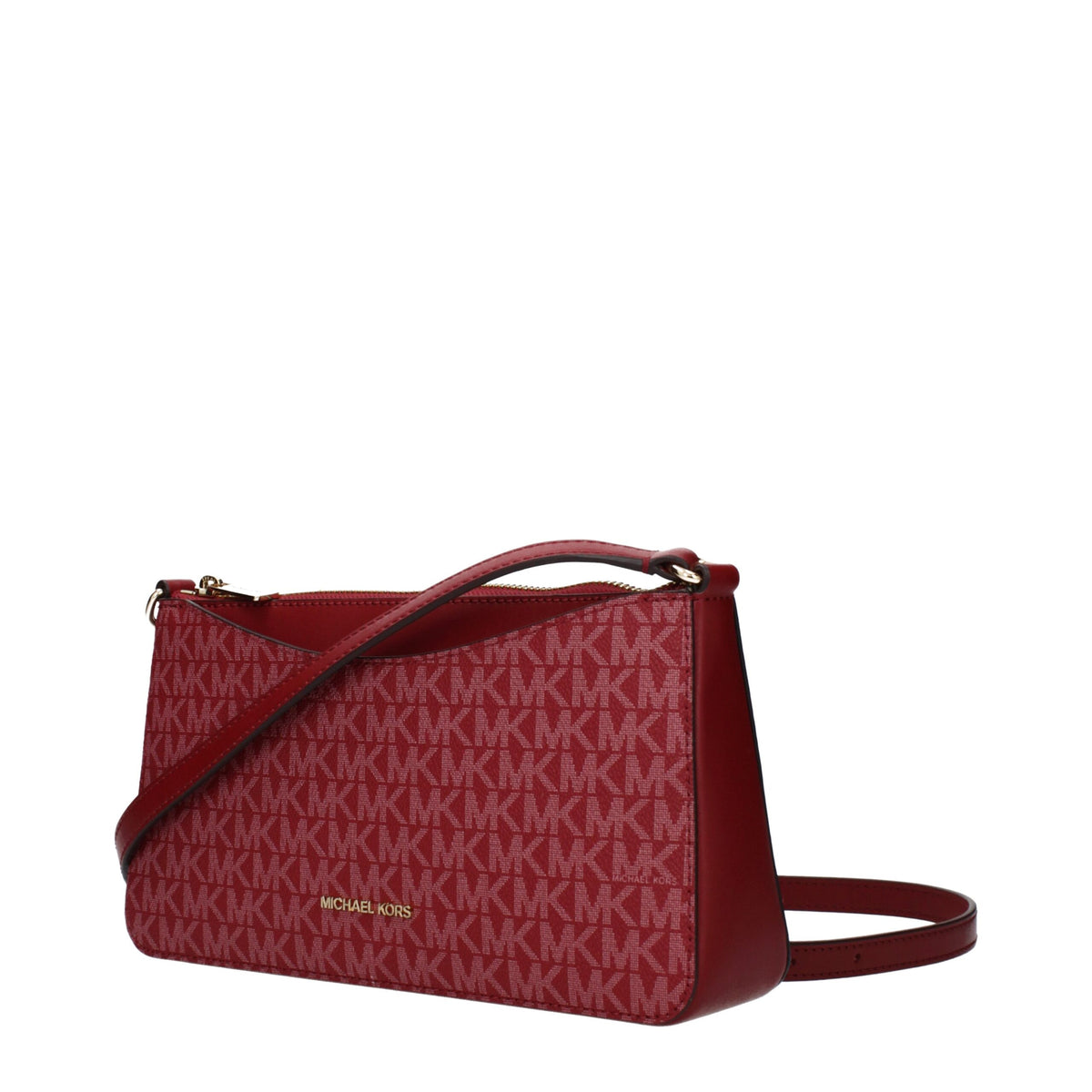 Red fabric Michael Kors crossbody bag with adjustable strap and gold-tone hardware, stylish accessory for everyday wear.