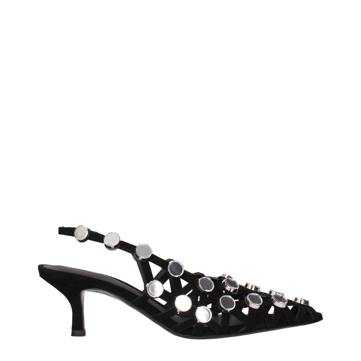 Black leather stiletto heel sandals by The Attico, featuring sleek straps and elegant design for stylish occasions.