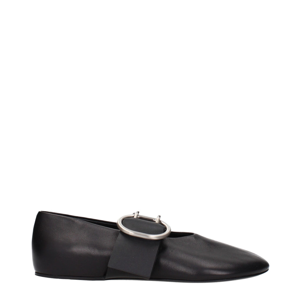 Black leather ballet flats by Jil Sander featuring sleek, minimalist design and comfortable slip-on style.