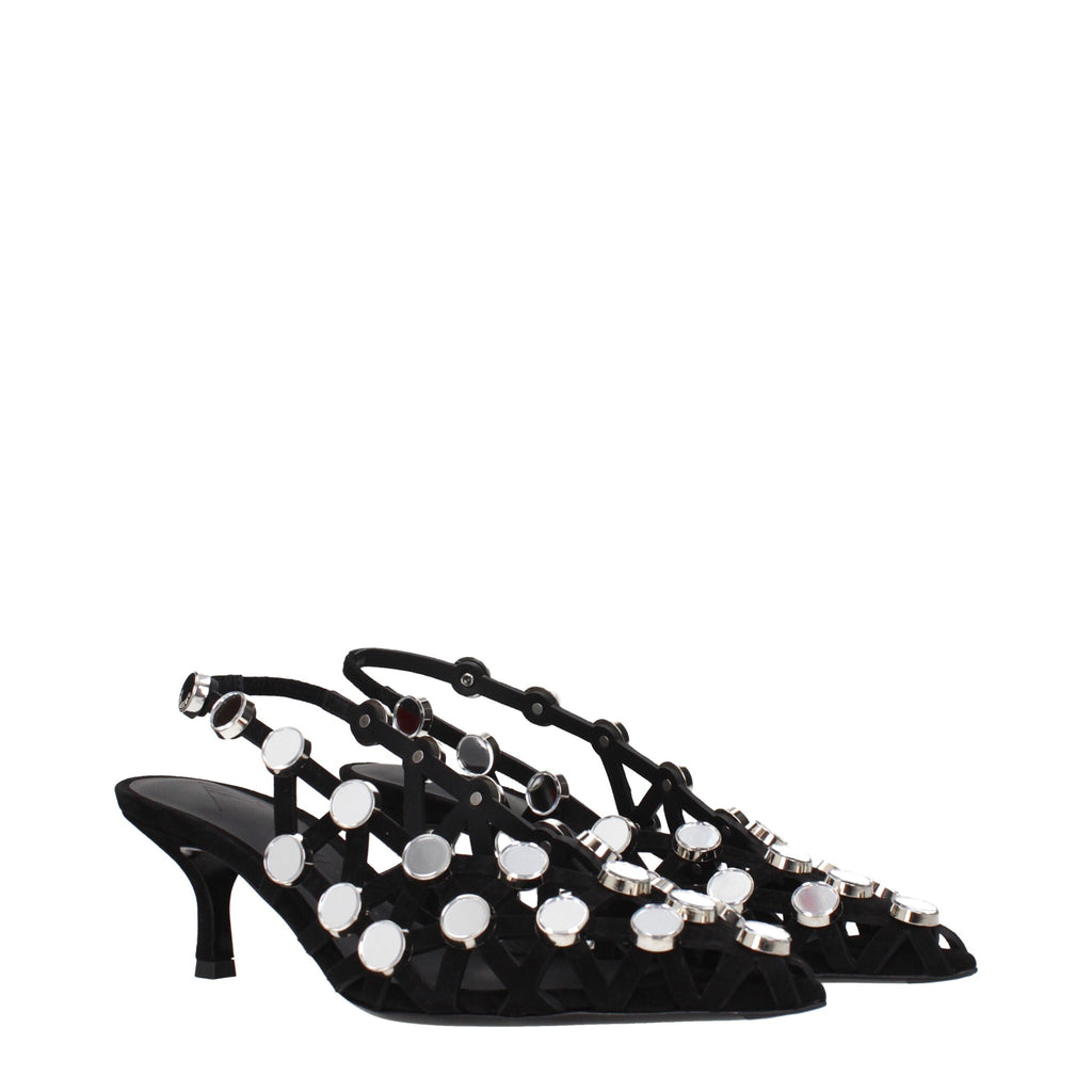 Black leather stiletto heel sandals by The Attico with sleek straps and high heel, stylish and elegant footwear.