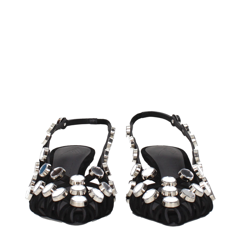 Black leather stiletto heel sandals by The Attico with sleek straps and high heel, perfect for stylish evening wear.