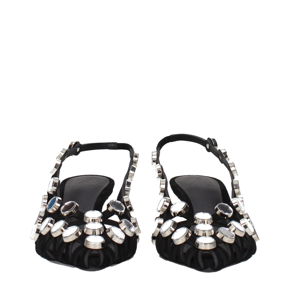 Black leather stiletto heel sandals by The Attico with sleek straps and high heel, perfect for stylish evening wear.
