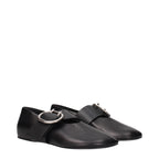 Black leather ballet flats by Jil Sander, featuring a sleek, minimal design and pointed toe, shown on a neutral background.