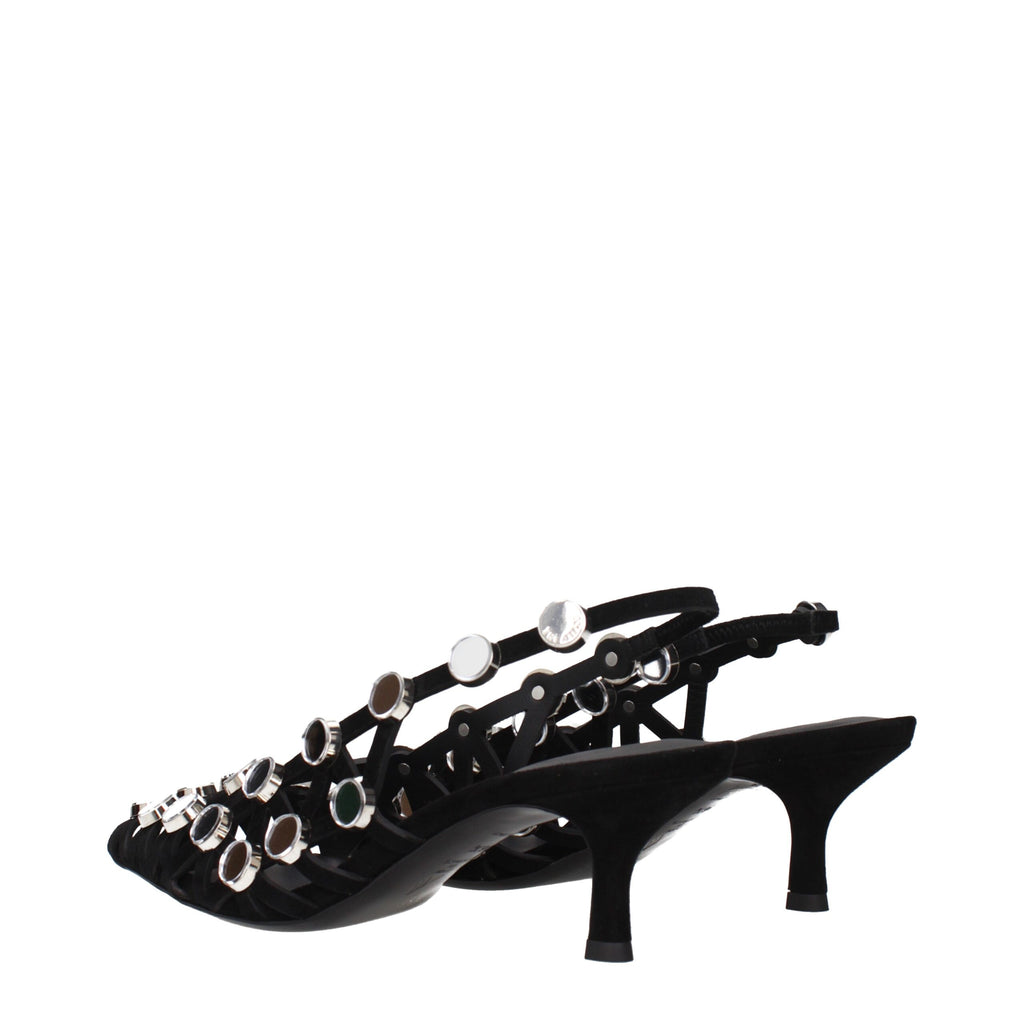 Black leather stiletto heel sandals by The Attico, featuring sleek straps and elegant design for stylish footwear.