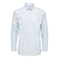 Selected blue cotton dress shirt, men's formal long-sleeve button-up with collar, displayed on a hanger.