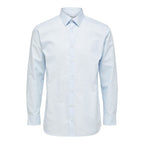 Selected blue cotton dress shirt, men's formal long-sleeve button-up with collar, displayed on a hanger.
