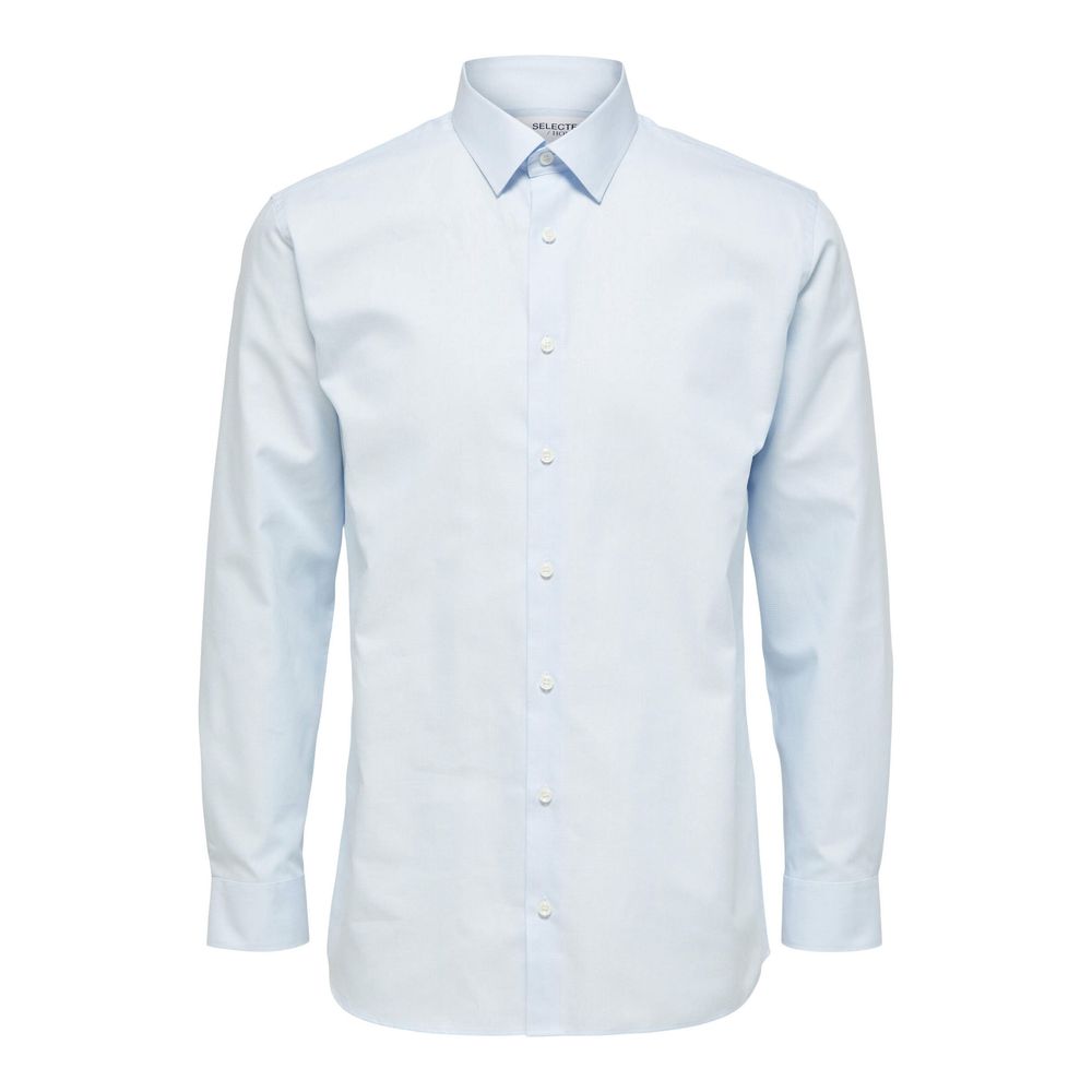 Selected blue cotton dress shirt, men's formal long-sleeve button-up with collar, displayed on a hanger.