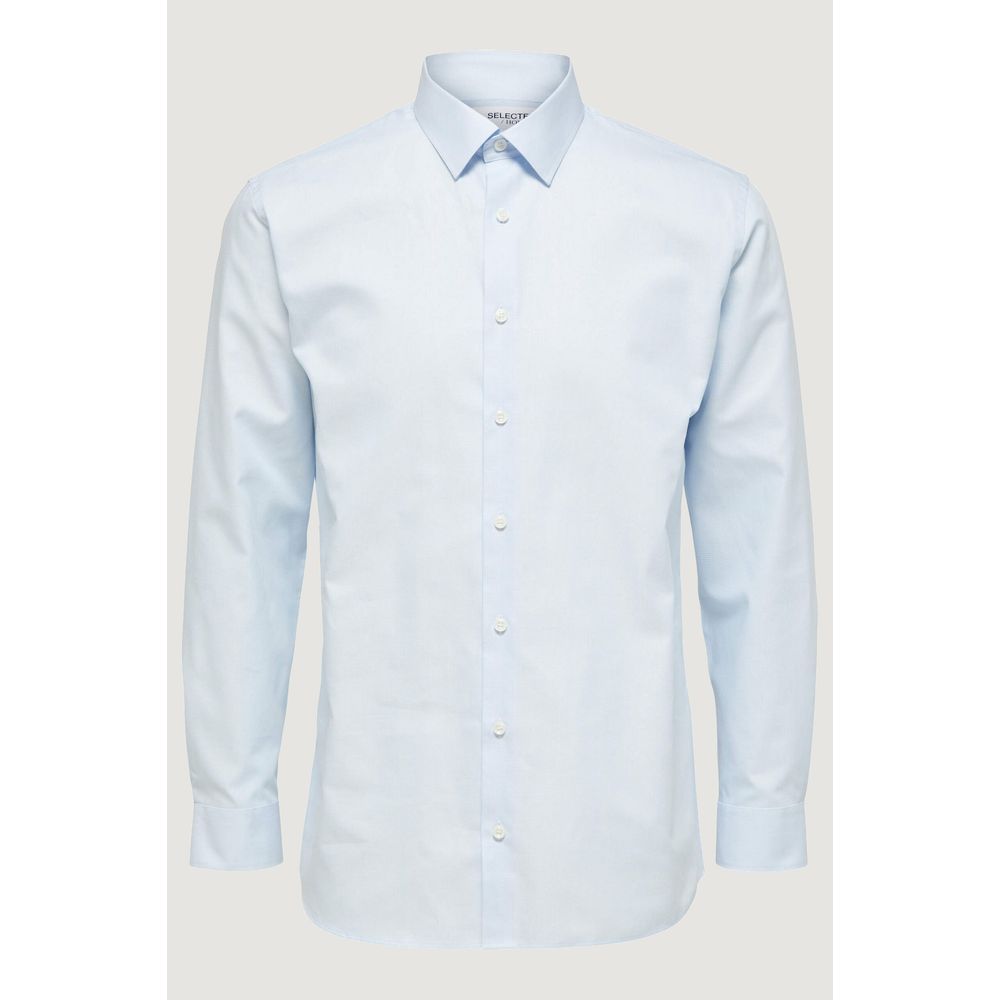 Selected blue cotton dress shirt, men's formal shirt with a classic collar and button-down front, shown on a hanger.