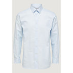 Selected blue cotton dress shirt, men's formal shirt with a classic collar and button-down front, shown on a hanger.