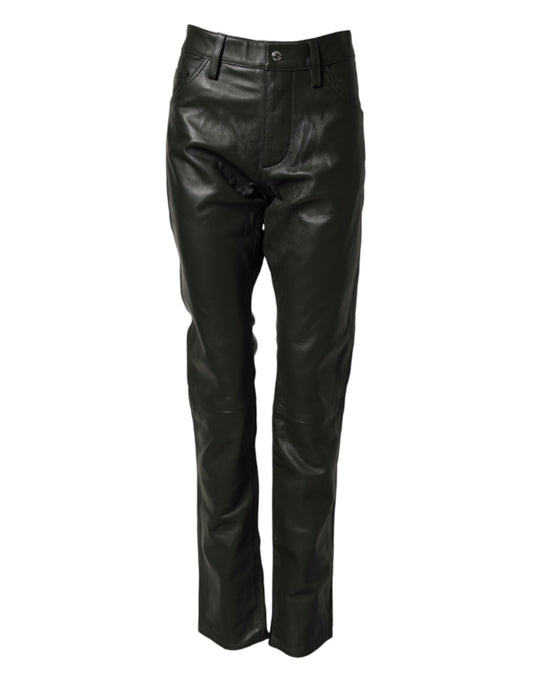 Dsquared² Black Full Grain Leather Mid Waist Trouser Pants Dsquared²