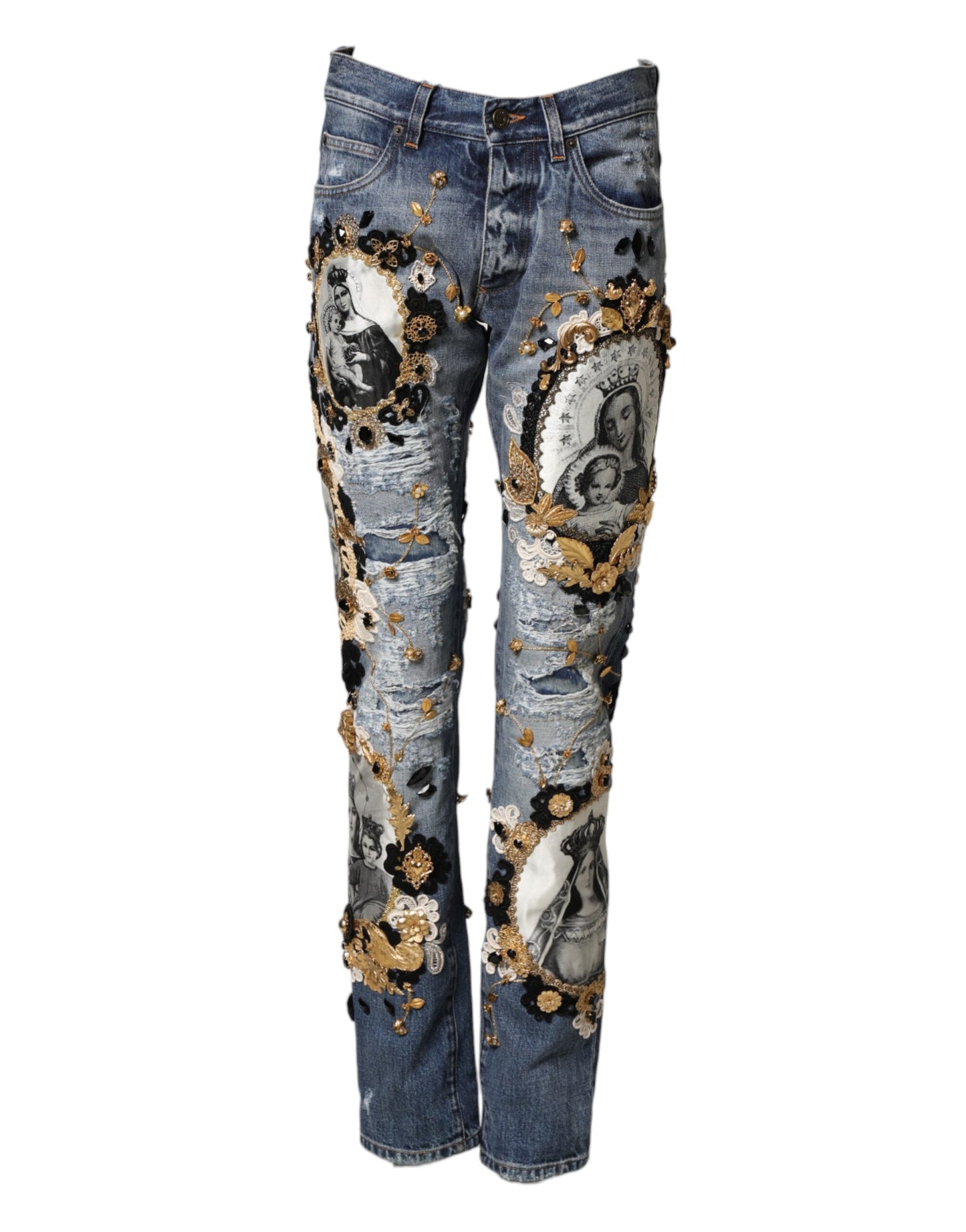 Dolce & Gabbana Blue Ripped Embellished Cotton Denim Jeans Dolce & Gabbana
