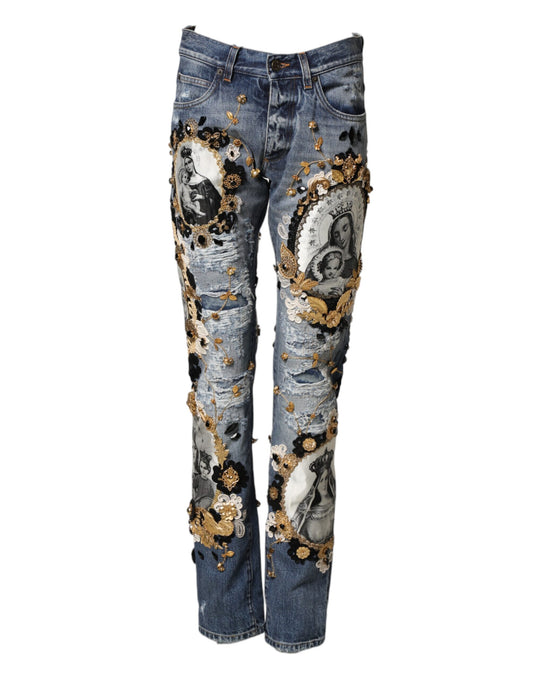 Dolce & Gabbana Blue Ripped Embellished Cotton Denim Jeans Dolce & Gabbana