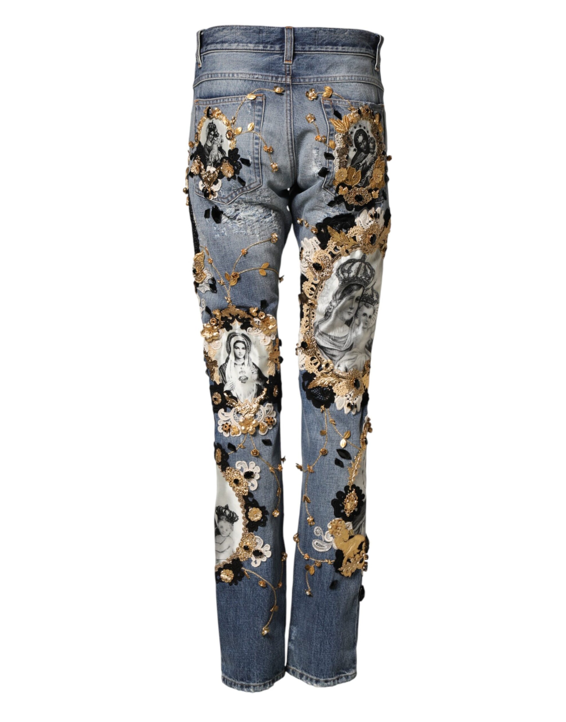 Dolce & Gabbana Blue Ripped Embellished Cotton Denim Jeans Dolce & Gabbana