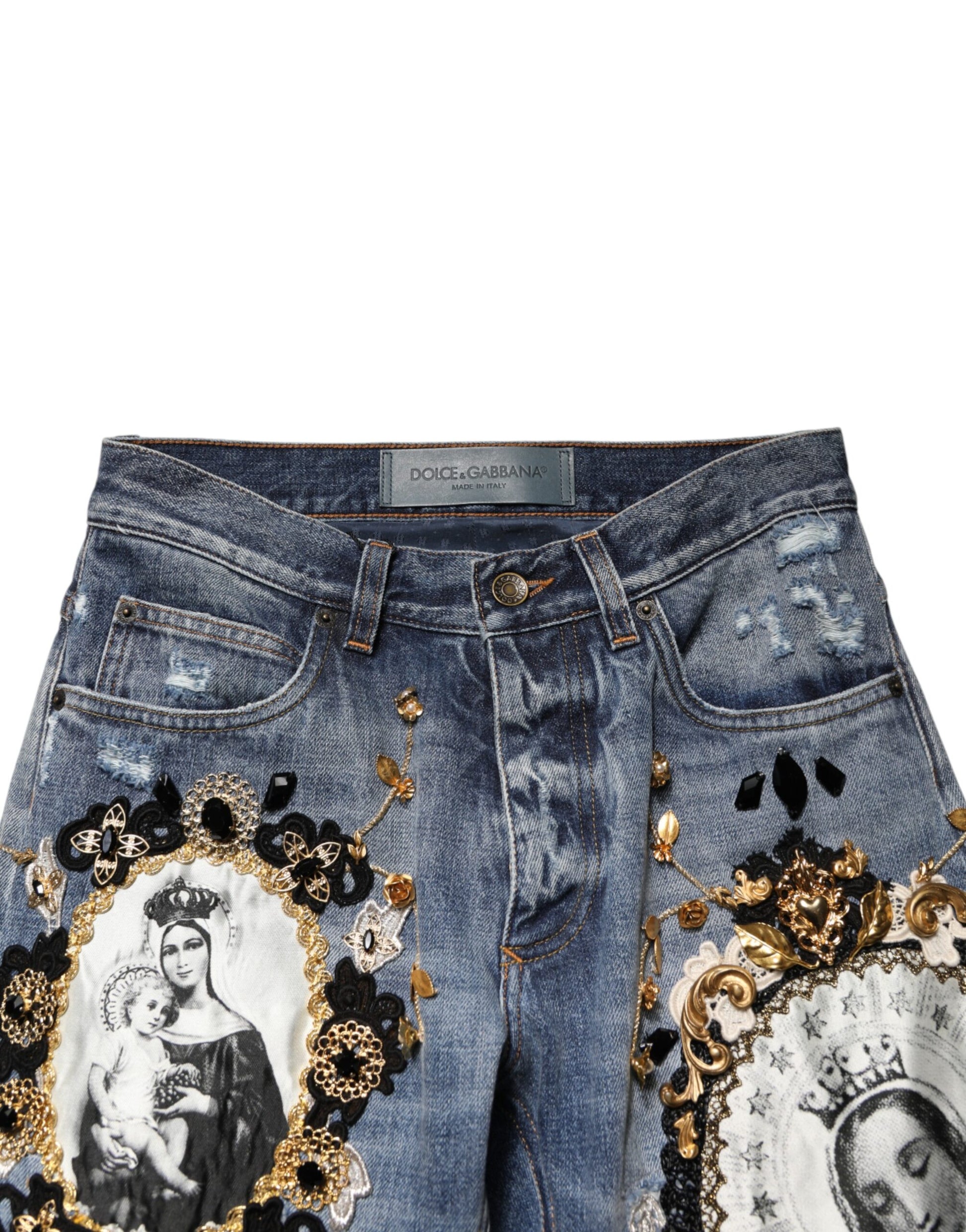 Dolce & Gabbana Blue Ripped Embellished Cotton Denim Jeans Dolce & Gabbana