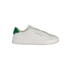 Tommy Hilfiger white polyurethane men's sneaker with sleek design and white laces, casual athletic footwear.