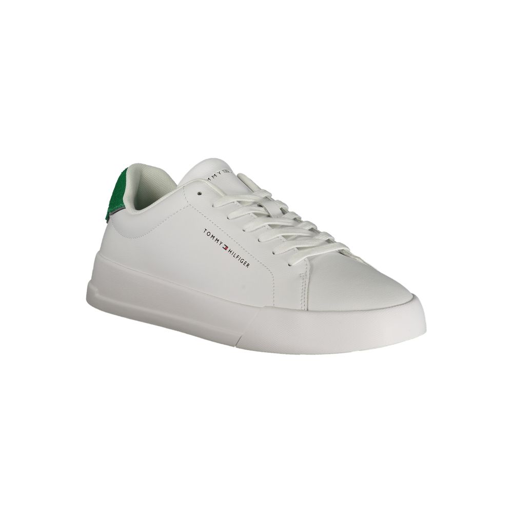 Tommy Hilfiger white polyurethane men's sneaker with sleek design and casual style, featuring laces and rubber sole.
