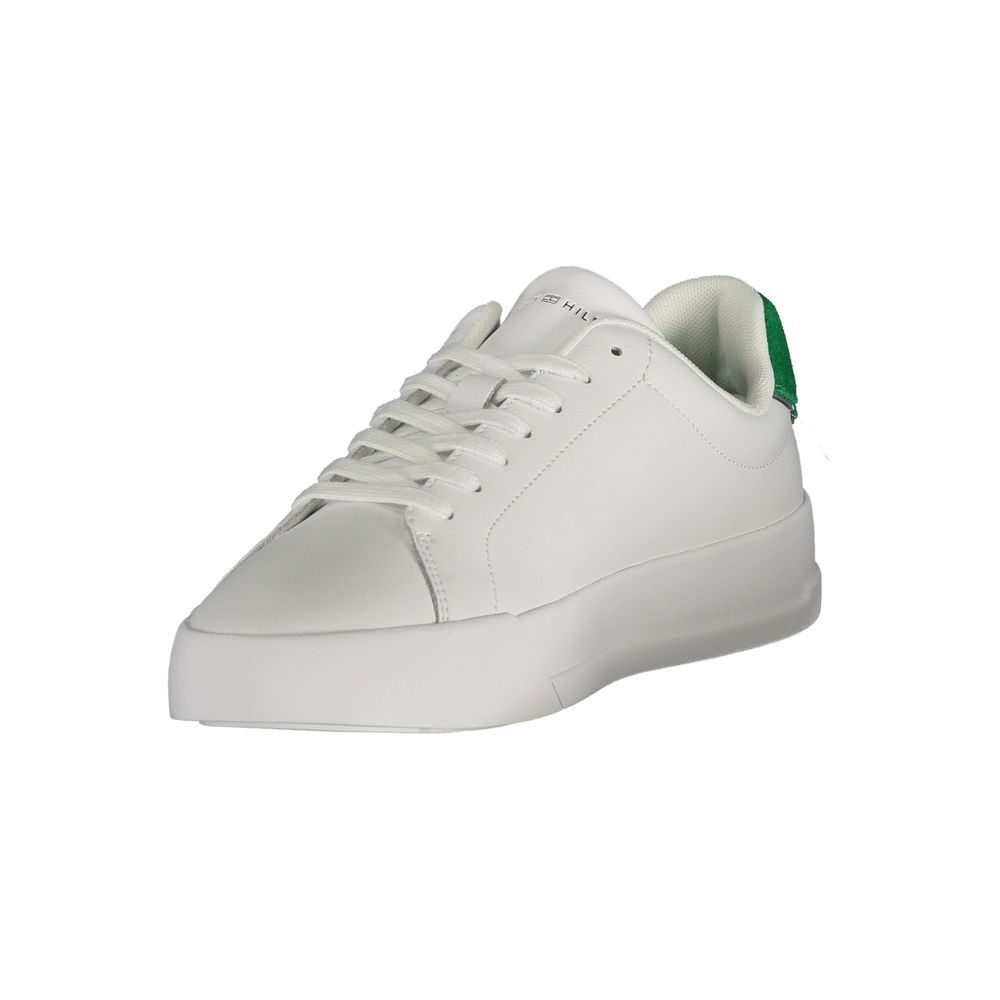 Tommy Hilfiger white polyurethane men's sneaker with laces and sporty design, showcasing a sleek casual footwear style.