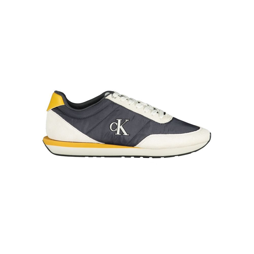 Calvin Klein blue recycled polyester men's sneaker with white sole and sleek design, showcasing casual athletic footwear style.