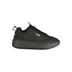 Fila black polyurethane women's sneaker with white sole and laces, showcasing sleek athletic footwear style.