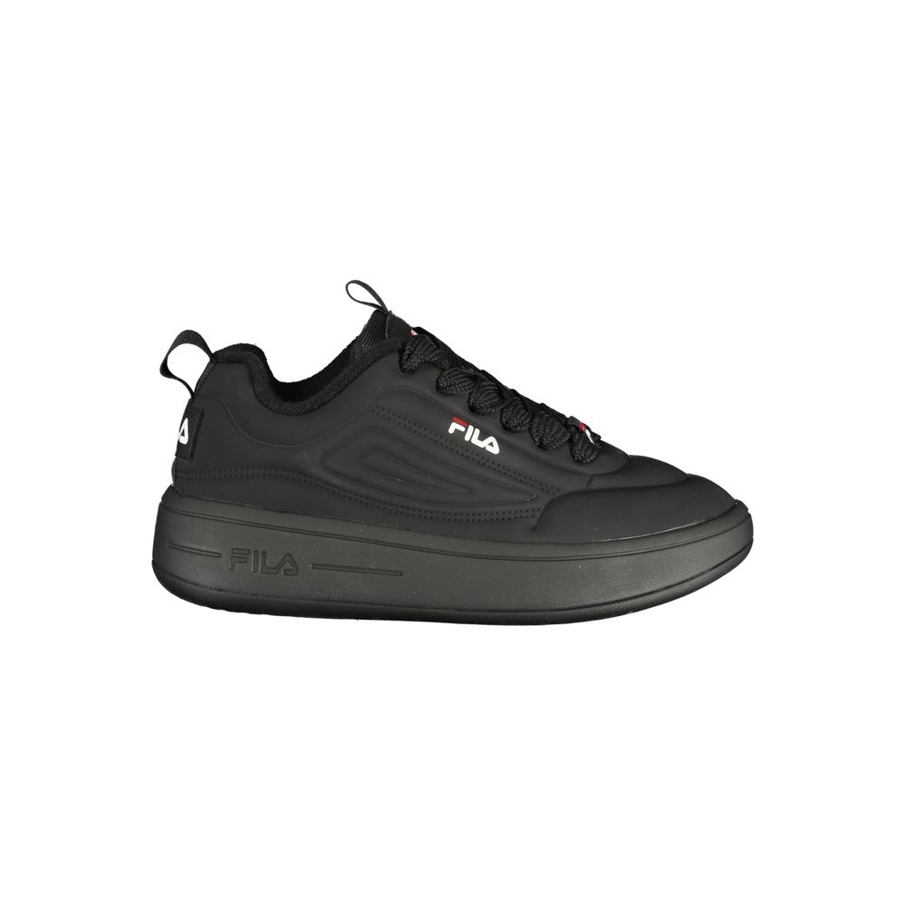 Fila black polyurethane women's sneaker with white sole and laces, showcasing sleek athletic footwear style.