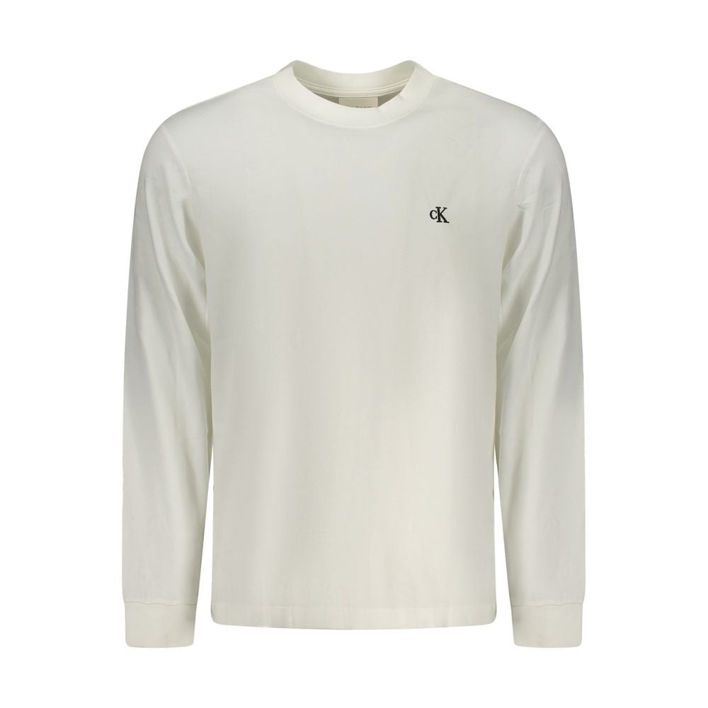 White cotton men's T-shirt by Calvin Klein, featuring a classic fit and crew neckline, displayed on a plain background.