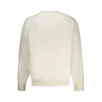 Calvin Klein white cotton men's sweater with a crew neckline and long sleeves, displayed on a hanger.