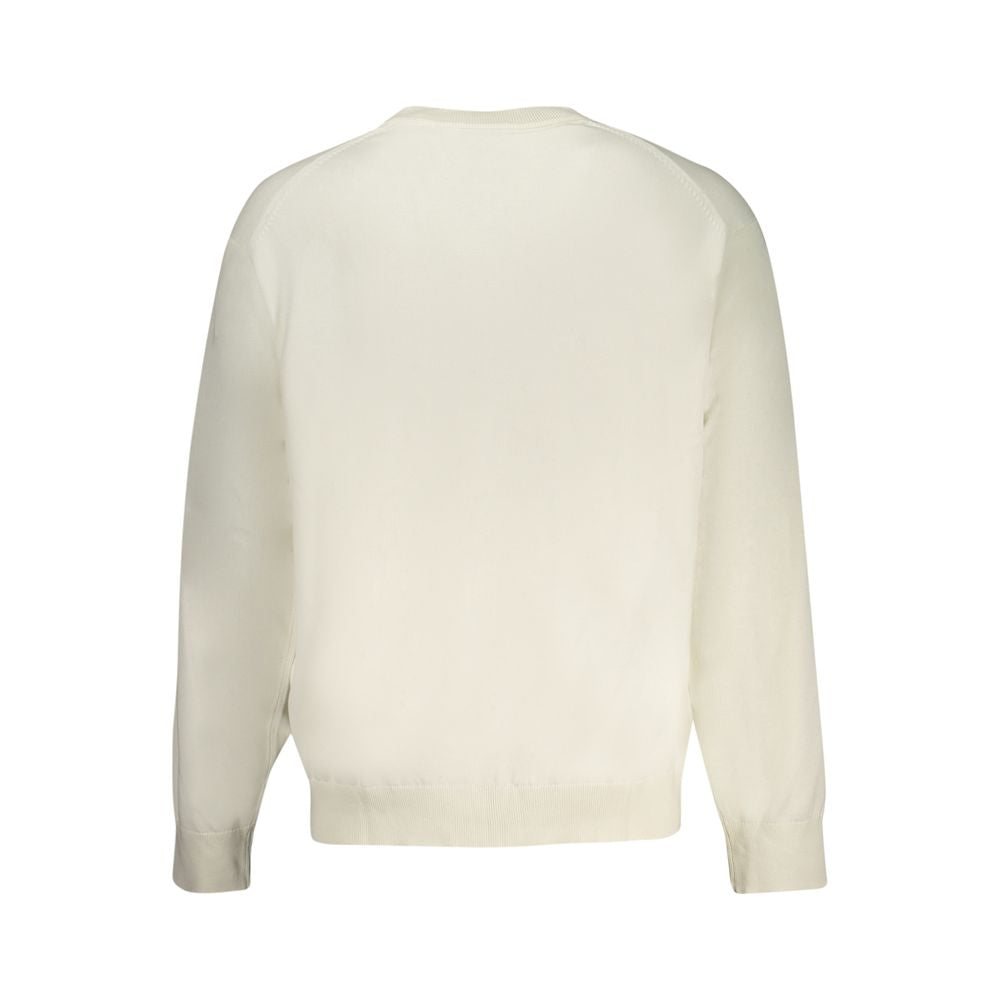 Calvin Klein white cotton men's sweater with a crew neckline and long sleeves, displayed on a hanger.