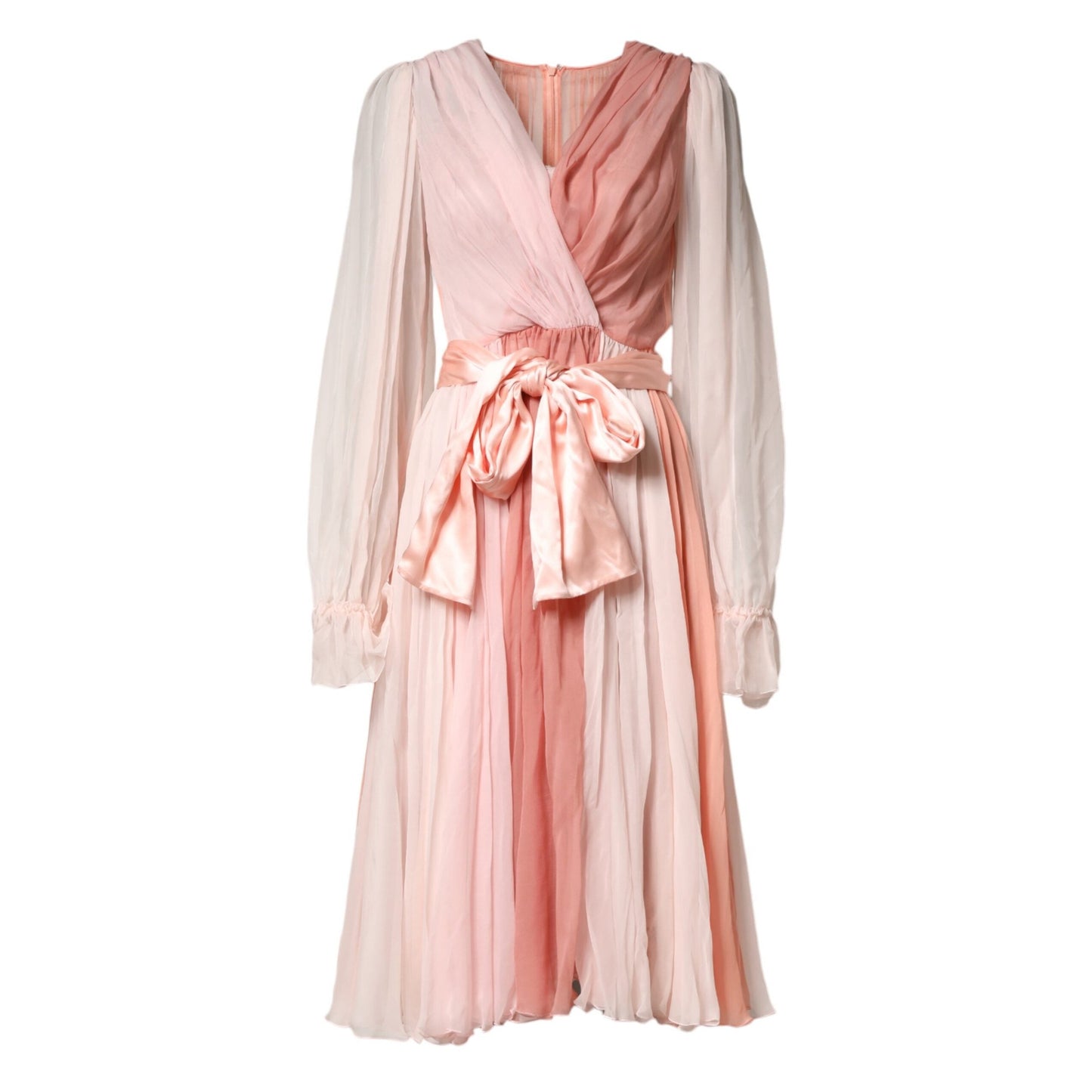 Dolce & Gabbana Pink Silk Tulle Long Sleeve V-neck Dress Dolce & Gabbana