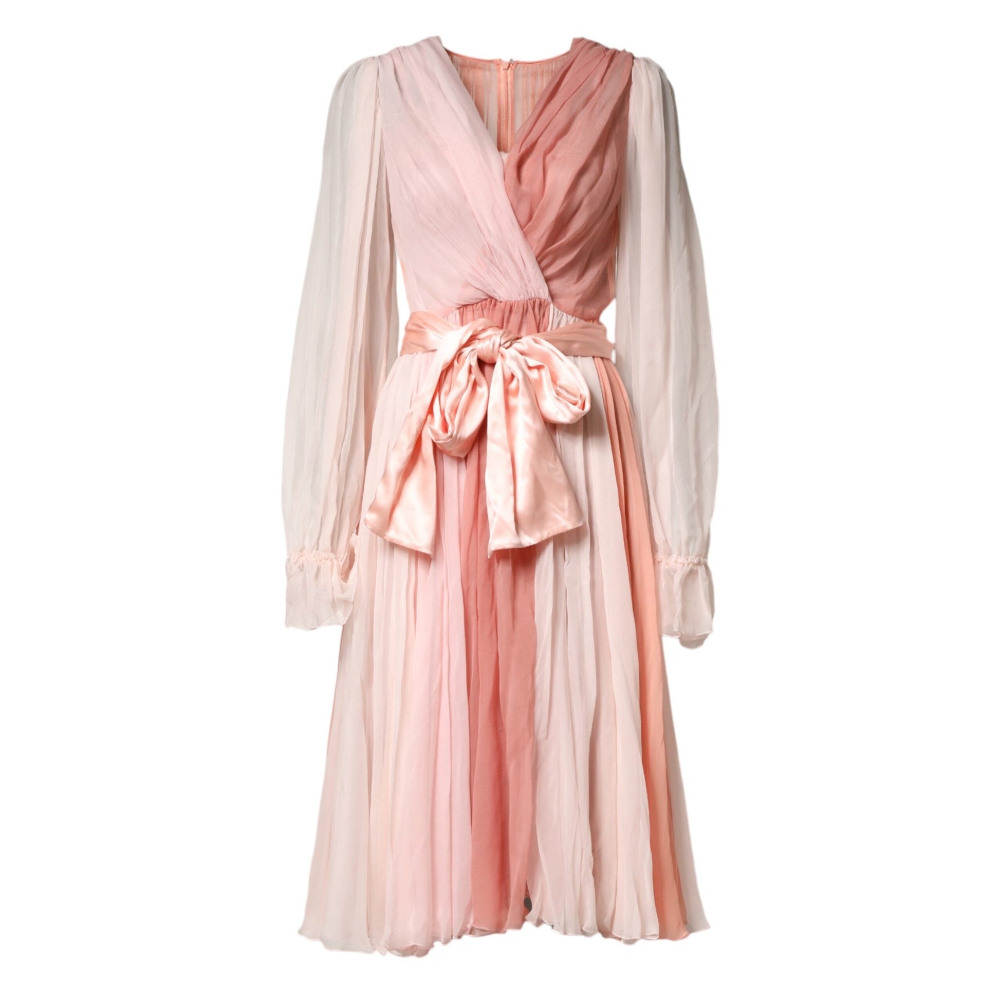 Dolce & Gabbana Pink Silk Tulle Long Sleeve V-neck Dress Dolce & Gabbana