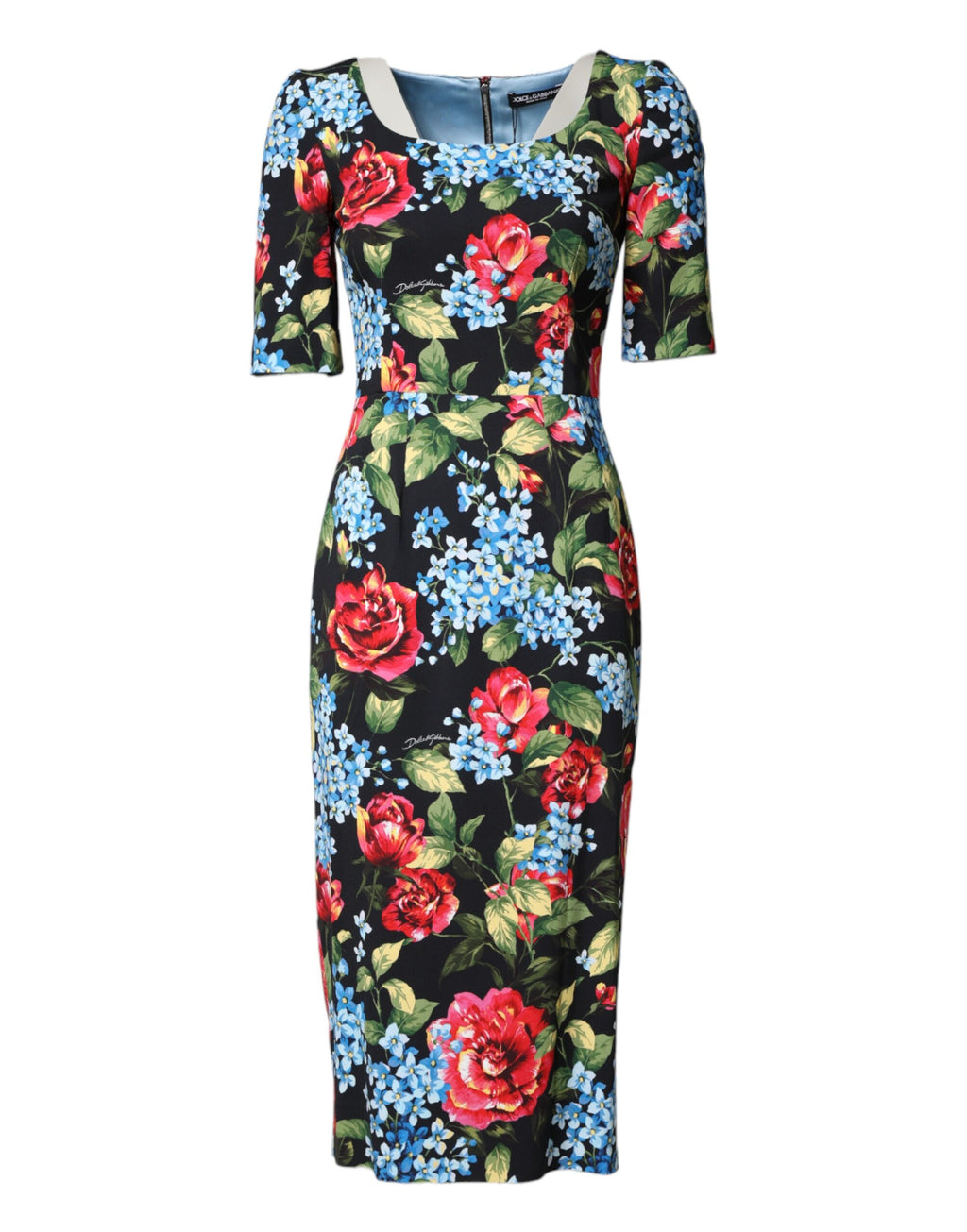Dolce & Gabbana Black Floral Print Viscose Sheath Midi Dress - Eljoys Fashion 