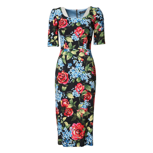 Dolce & Gabbana Black Floral Print Viscose Sheath Midi Dress Dolce & Gabbana