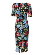 Dolce & Gabbana Black Floral Print Viscose Sheath Midi Dress - Eljoys Fashion 