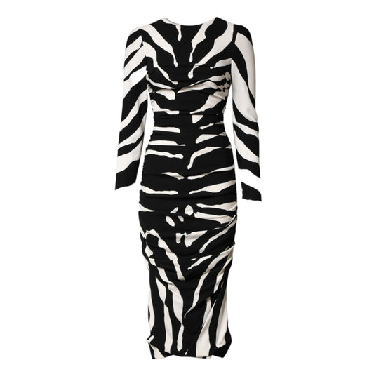 Dolce & Gabbana Black White Zebra Viscose Sheath Midi Dress Dolce & Gabbana