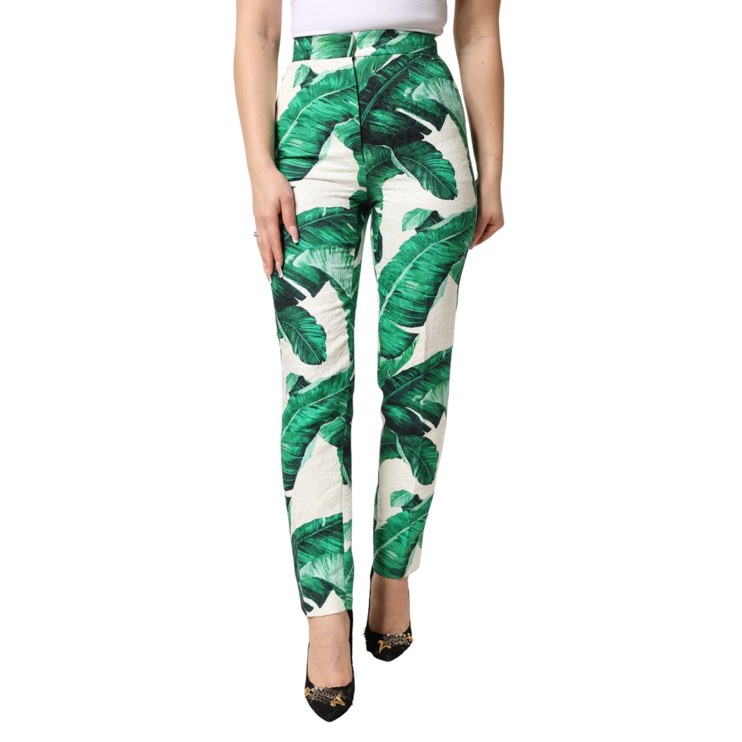 Dolce & Gabbana White Green Leaf High Waist Trousers Pants Dolce & Gabbana