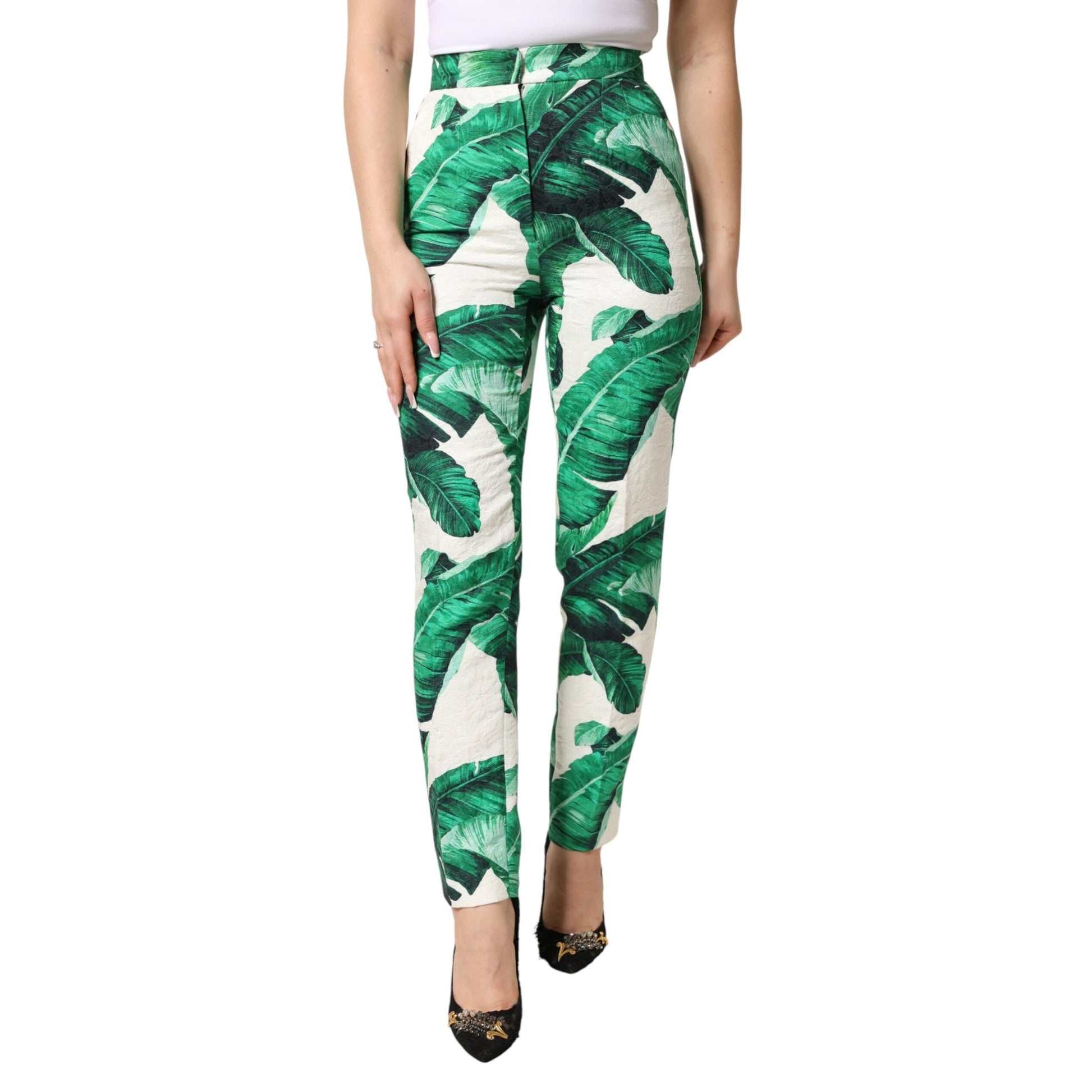 Dolce & Gabbana White Green Leaf High Waist Trousers Pants Dolce & Gabbana