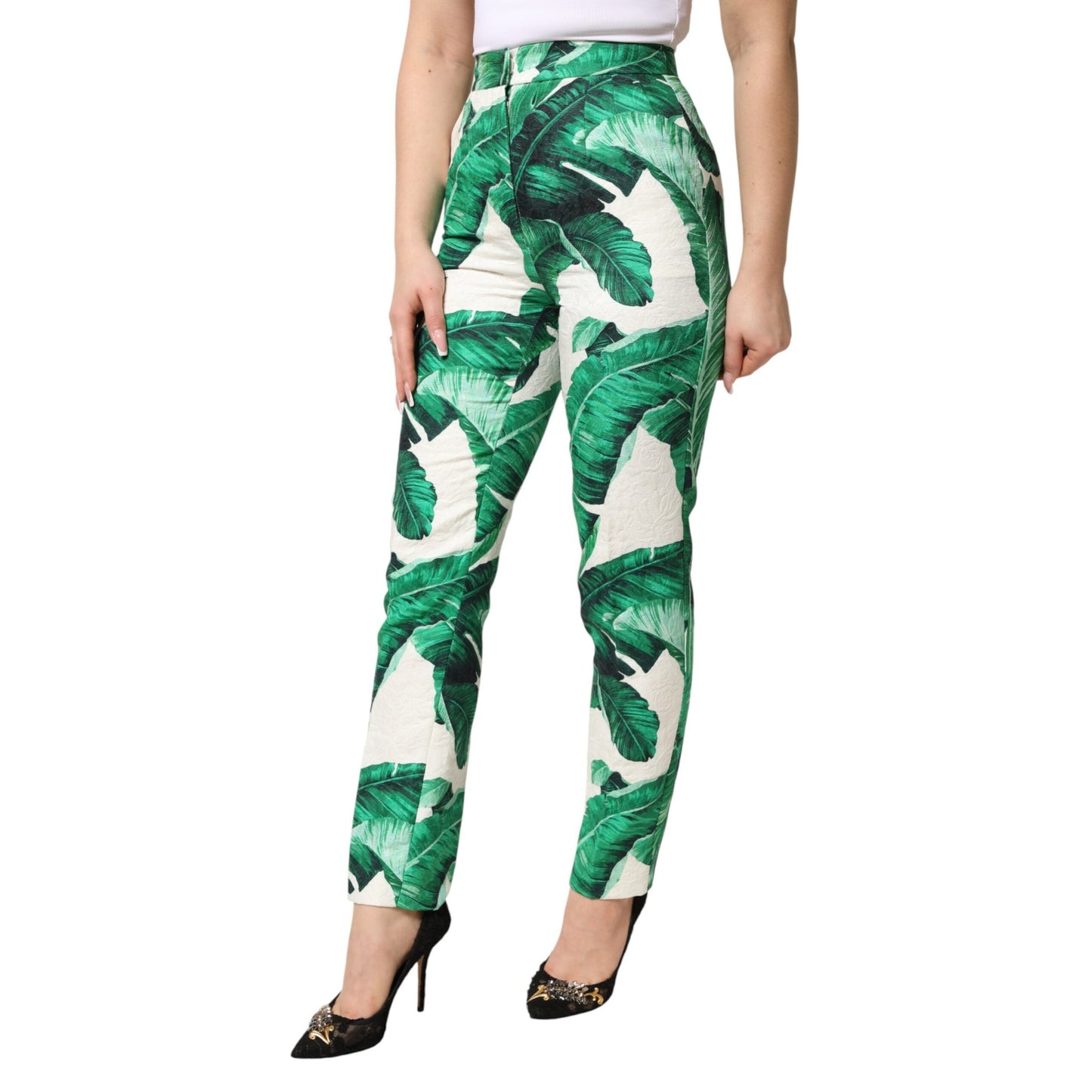 Dolce & Gabbana White Green Leaf High Waist Trousers Pants Dolce & Gabbana