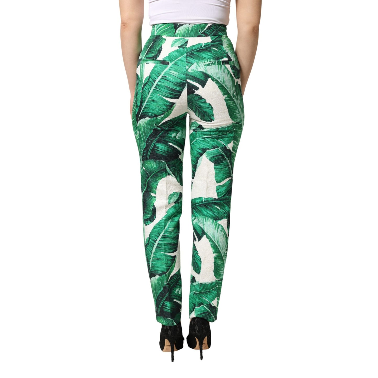 Dolce & Gabbana White Green Leaf High Waist Trousers Pants Dolce & Gabbana