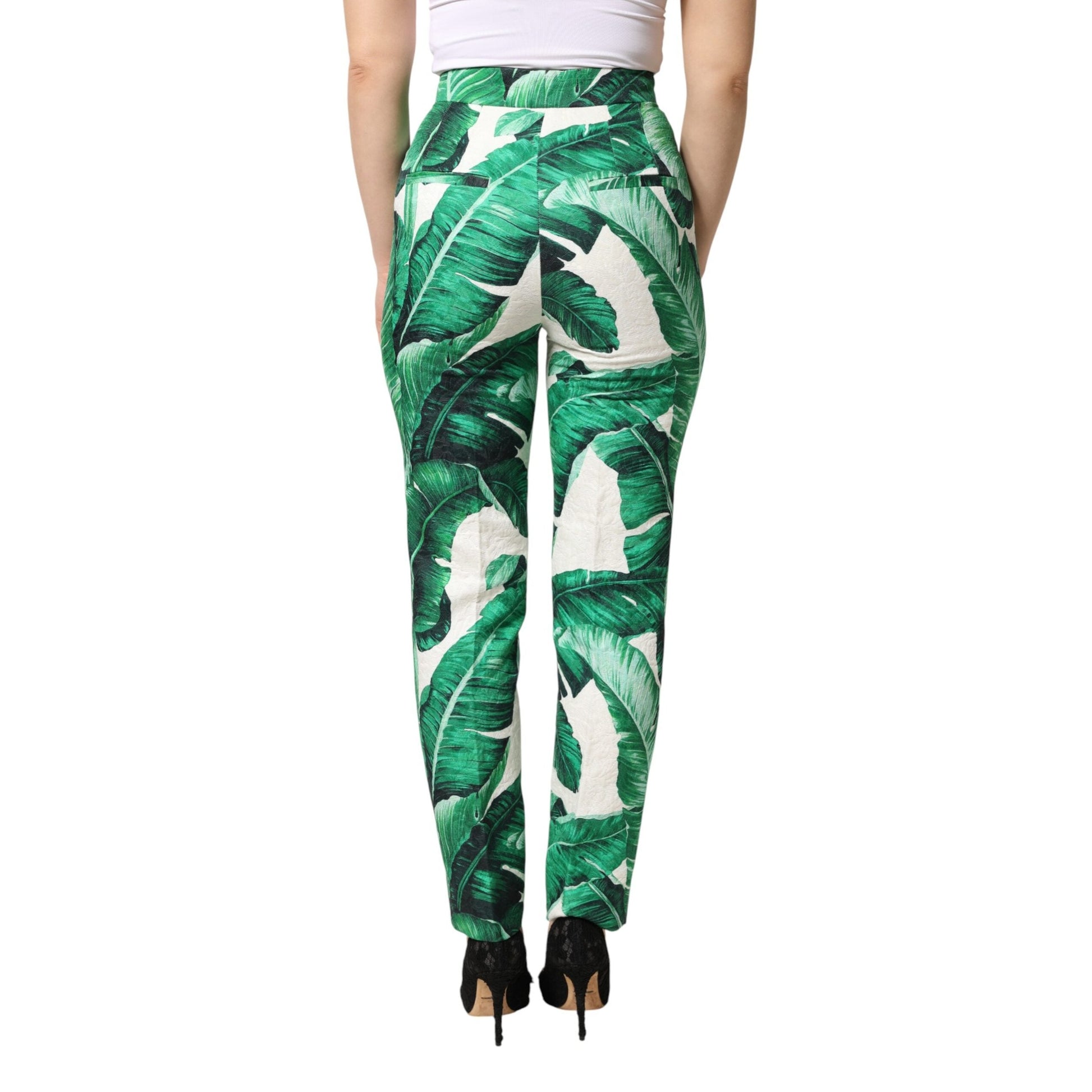 Dolce & Gabbana White Green Leaf High Waist Trousers Pants Dolce & Gabbana