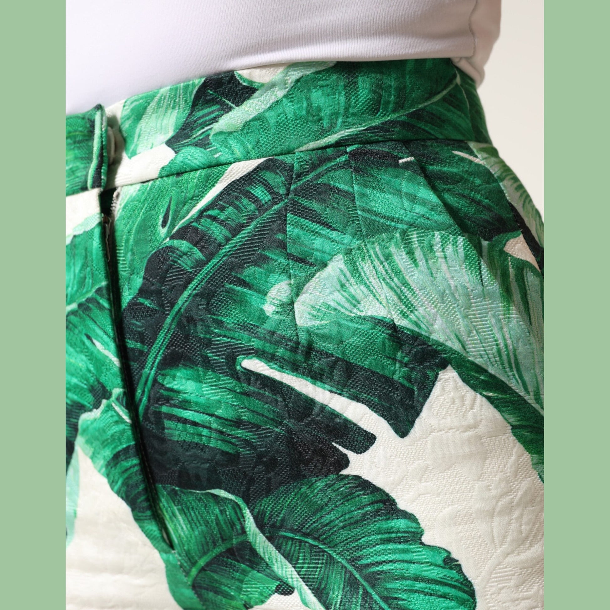 Dolce & Gabbana White Green Leaf High Waist Trousers Pants Dolce & Gabbana
