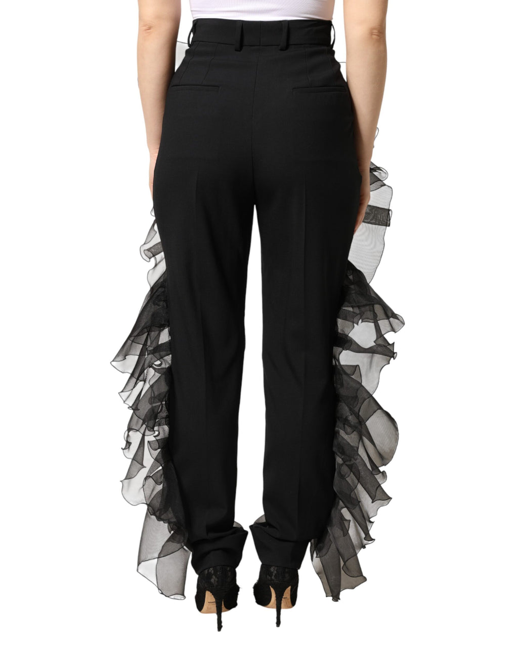 Dolce & Gabbana Black High Waist Tulle Wool Trouser Pants - Eljoys Fashion 