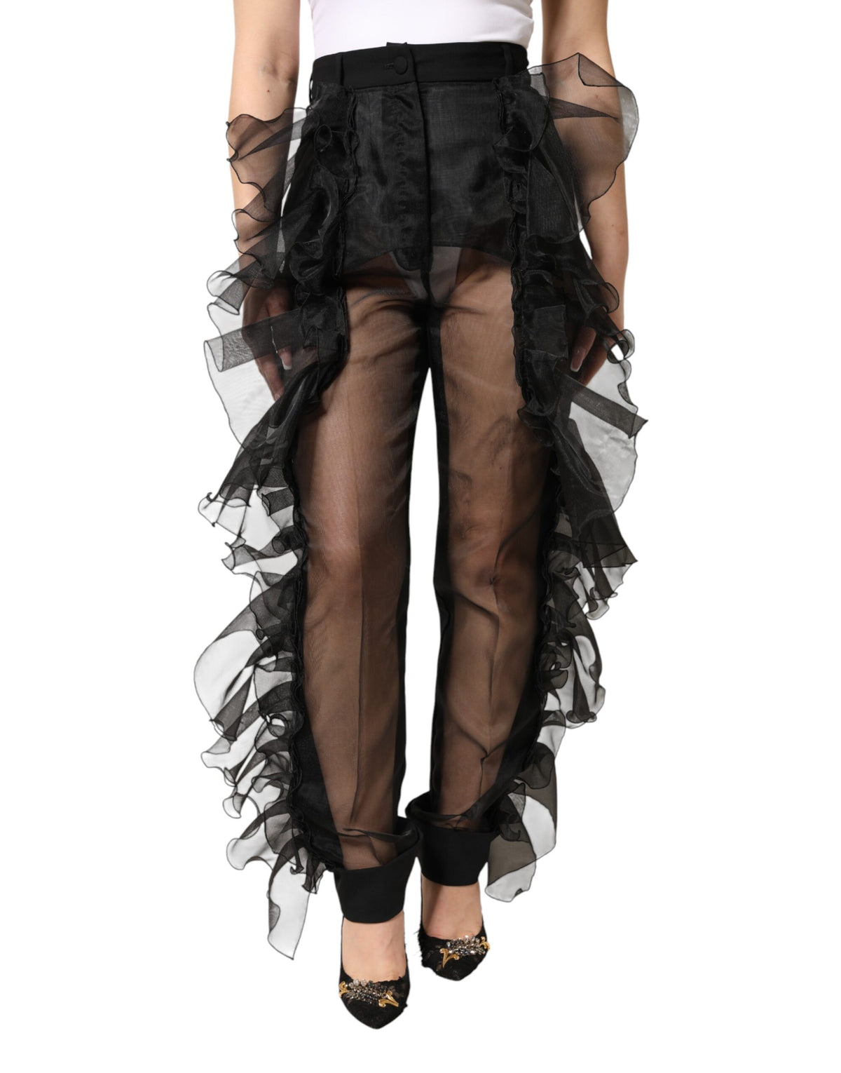 Dolce & Gabbana Black High Waist Tulle Wool Trouser Pants - Eljoys Fashion 