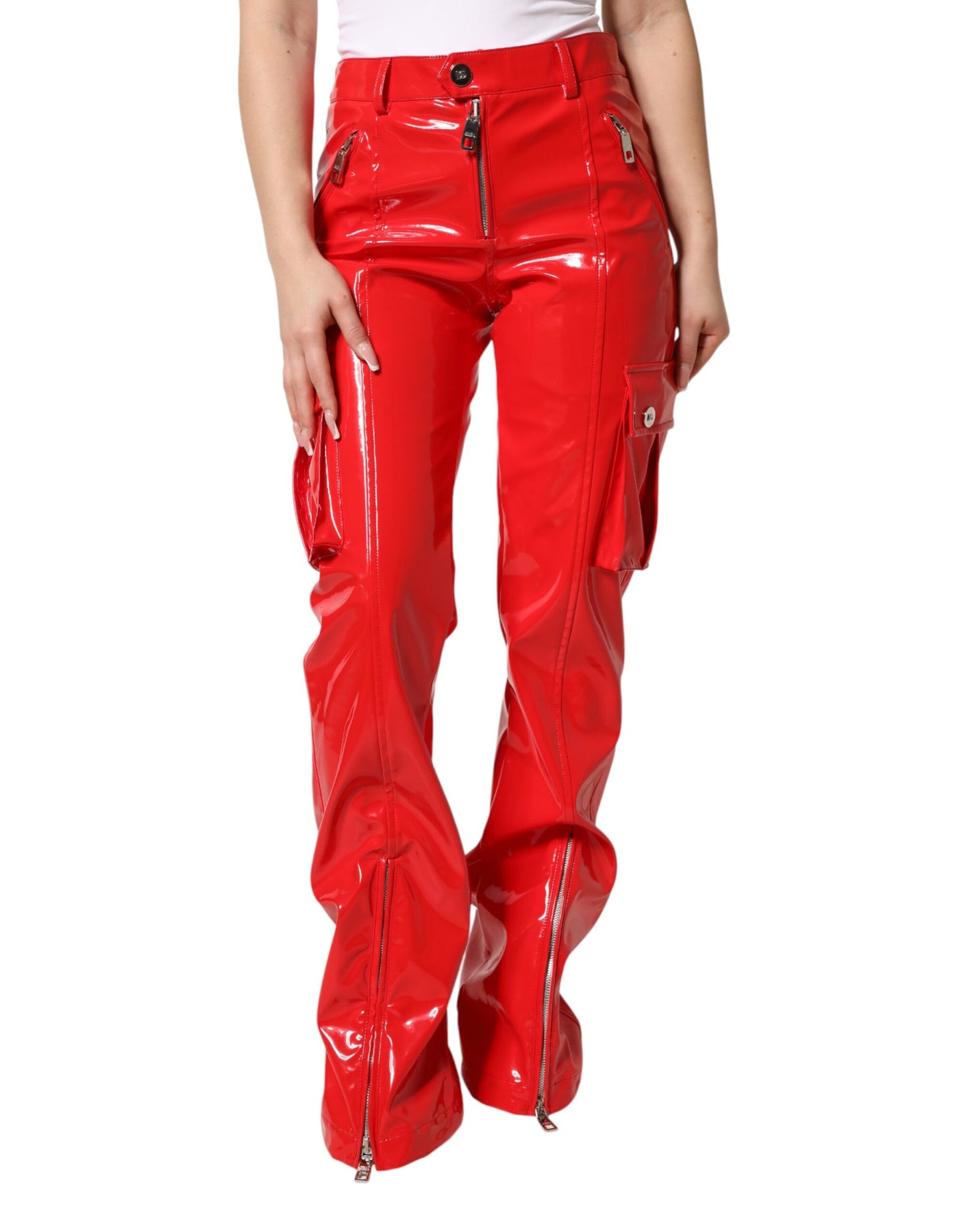 Dolce & Gabbana Red Glossy Polyester Cargo Boot Cut Pants Dolce & Gabbana