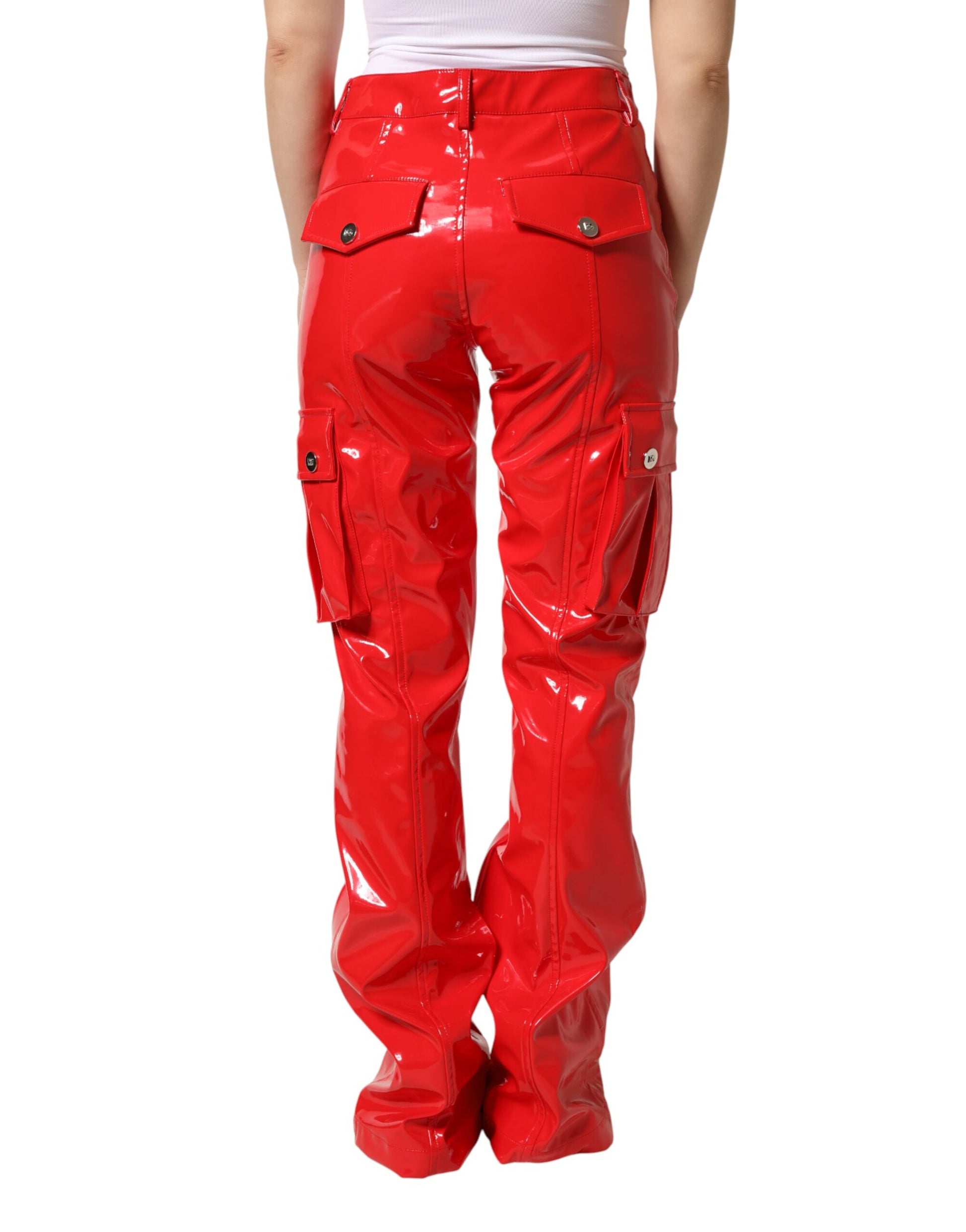 Dolce & Gabbana Red Glossy Polyester Cargo Boot Cut Pants Dolce & Gabbana