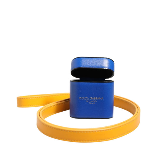 Dolce & Gabbana Blue Yellow Calfskin Leather Logo Strap Men Airpods Case Dolce & Gabbana