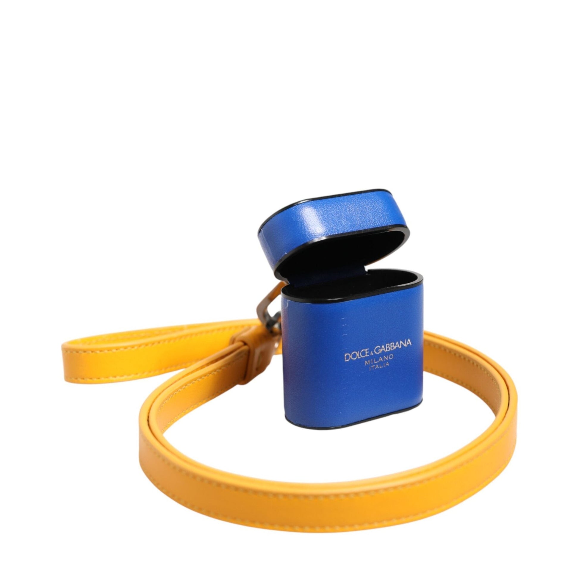 Dolce & Gabbana Blue Yellow Calfskin Leather Logo Strap Men Airpods Case Dolce & Gabbana