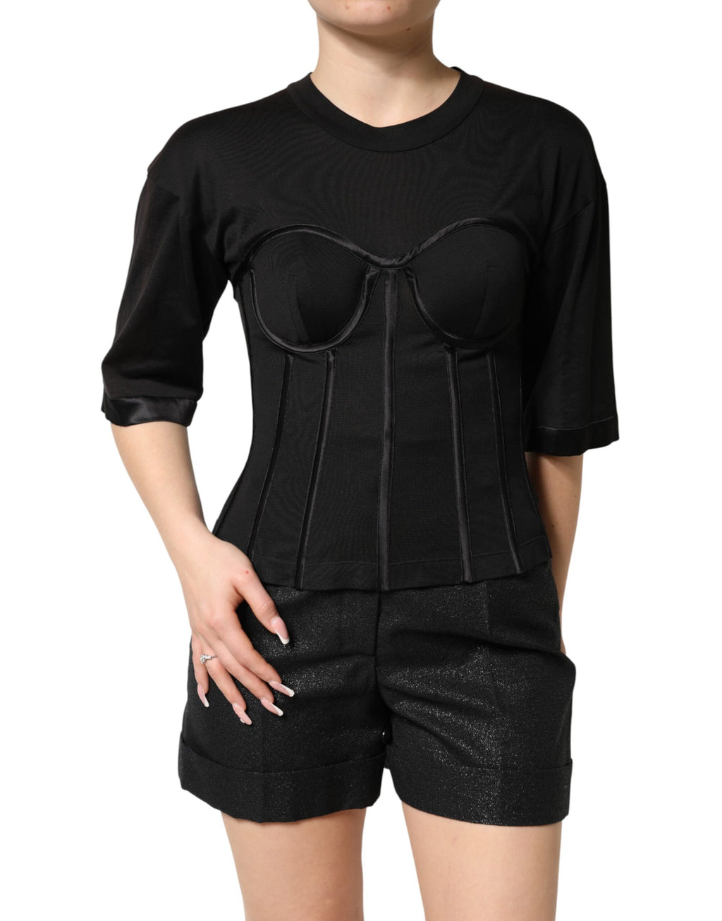 Dolce & Gabbana Black Cotton Bustier Corset Short Sleeves T-shirt - Eljoys Fashion 