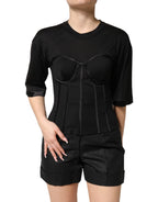 Dolce & Gabbana Black Cotton Bustier Corset Short Sleeves T-shirt - Eljoys Fashion 