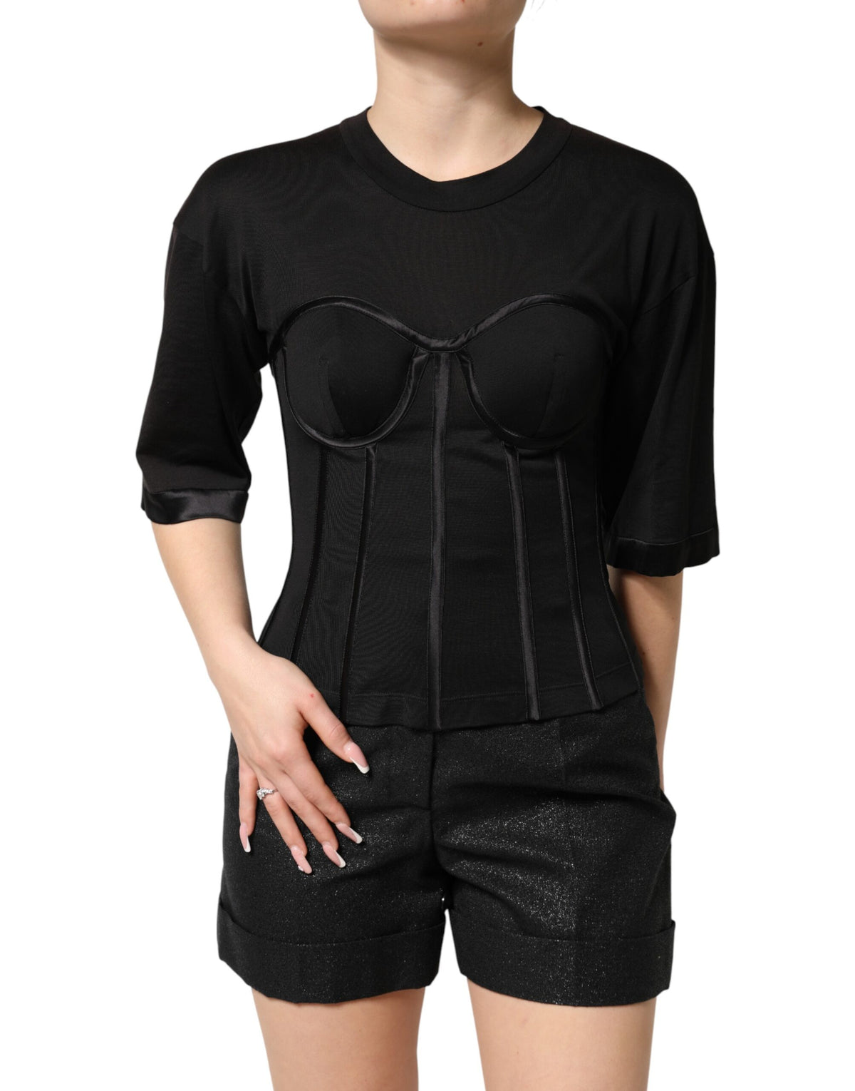 Dolce & Gabbana Black Cotton Bustier Corset Short Sleeves T-shirt - Eljoys Fashion 